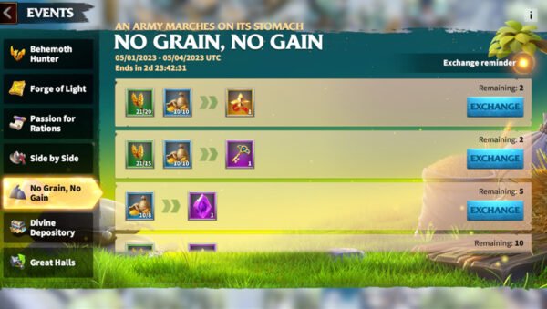 call of dragons event no grain no gain